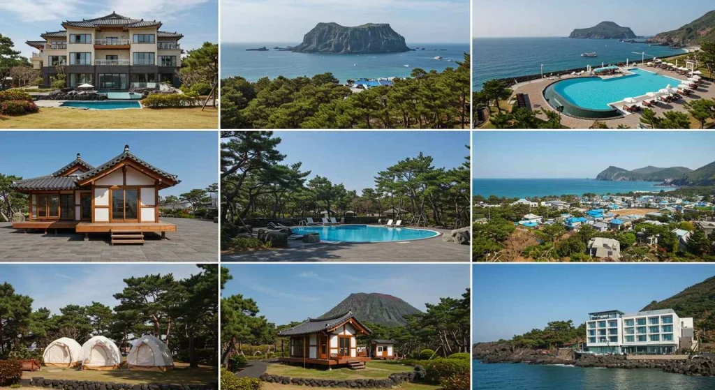 Variety of accommodation options in Jeju Island, including luxury hotels, cozy resorts, and unique stays