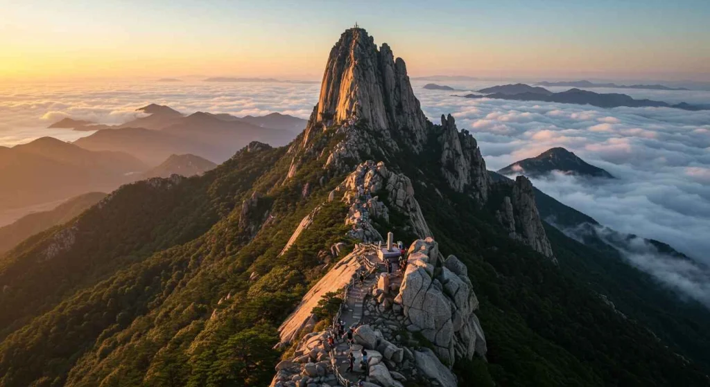 Scenic view of Hallasan Mountain on Jeju Island with lush landscapes and hiking trails