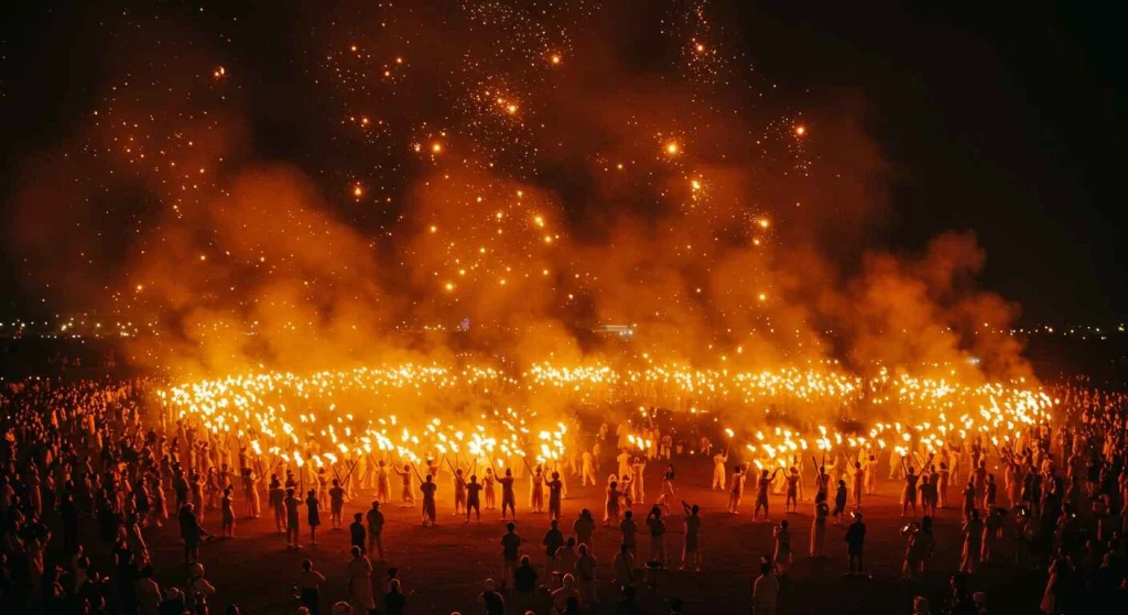 Vibrant scene from the Jeju Fire Festival, featuring traditional fire rituals and colorful celebrations