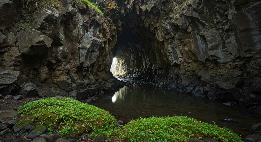 Inside view of the mystical Manjanggul Cave, showcasing its unique lava tube formations on Jeju Island