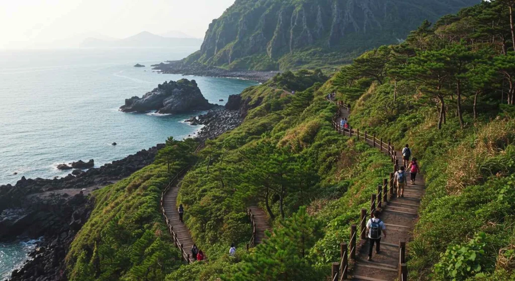 Stunning views along the scenic Olle Trails on Jeju Island, showcasing diverse landscapes and coastal paths