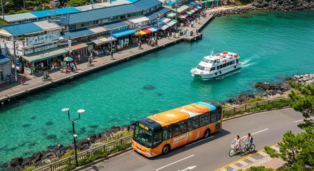 Various transportation options in Jeju Island, including buses, taxis, and rental cars, for easy travel around the island