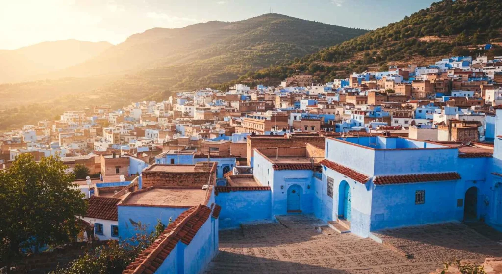 Picturesque view of Chefchaouen, Morocco, showcasing its iconic blue-painted buildings and charming narrow streets