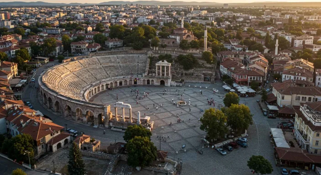 View of Plovdiv, Bulgaria, showcasing its ancient Roman theater, cobblestone streets, and vibrant cultural atmosphere