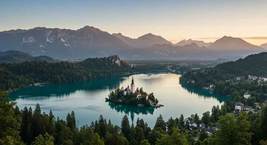 Serene view of Lake Bled, Slovenia, with its iconic island church, a must-see destination in Europe.