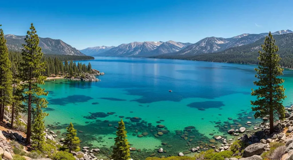 Couple enjoying a romantic winter getaway in Lake Tahoe, California, surrounded by snow-covered mountains and crystal-clear lakes, offering the ideal couples retreat for relaxation and adventure