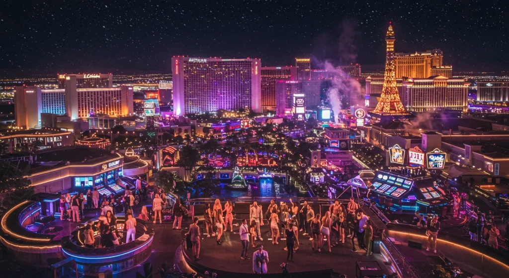 The iconic Las Vegas Strip at night, illuminated with neon lights, bustling crowds, and towering casinos, capturing the vibrant energy and excitement of the ultimate party destination