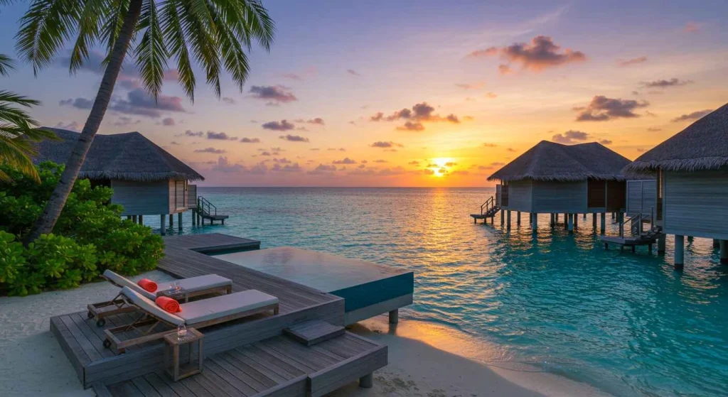 Maldives' stunning overwater bungalows, crystal-clear waters, and sun-soaked beaches, offering the ultimate luxurious warm getaway