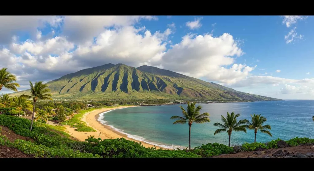 Couple enjoying a sunset view from a beach in Maui, Hawaii, with golden sands, crystal-clear water, and vibrant skies