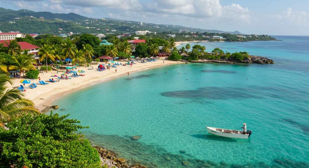 Beautiful beach in Montego Bay, Jamaica, with crystal-clear waters, palm trees, and golden sand, capturing the vibrant and tropical atmosphere of the Caribbean