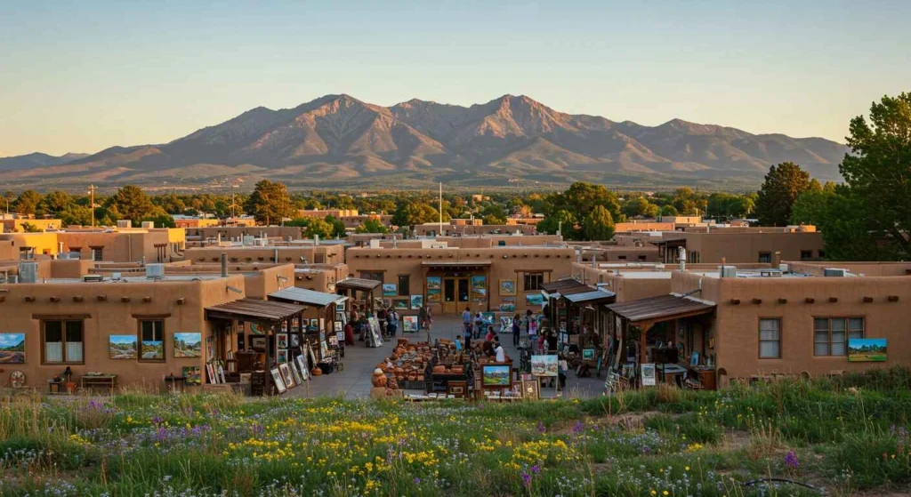 Couple exploring the art galleries and peaceful surroundings of Santa Fe, New Mexico, immersed in culture, art, and serene landscapes—an ideal couples retreat