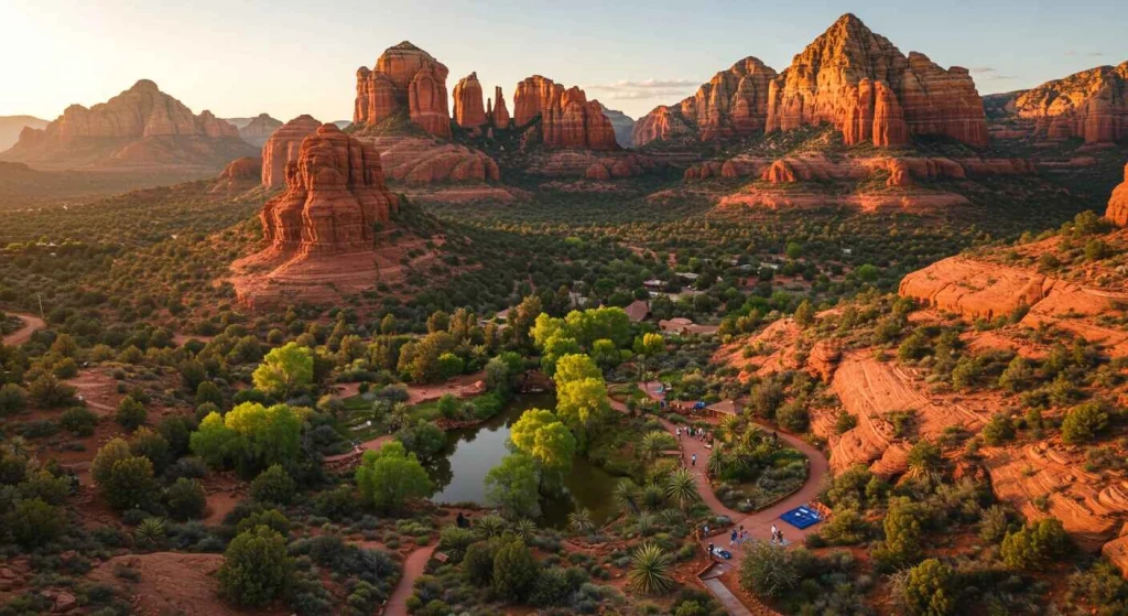 Couple reconnecting in the serene desert oasis of Sedona, Arizona, surrounded by red rock formations and tranquil landscapes, ideal for a peaceful couples retreat