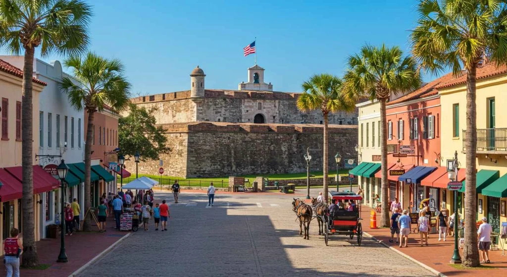 Couple exploring the historic streets of St. Augustine, Florida, with charming colonial architecture, romantic coastal views, and peaceful moments—a perfect destination for a couples retreat