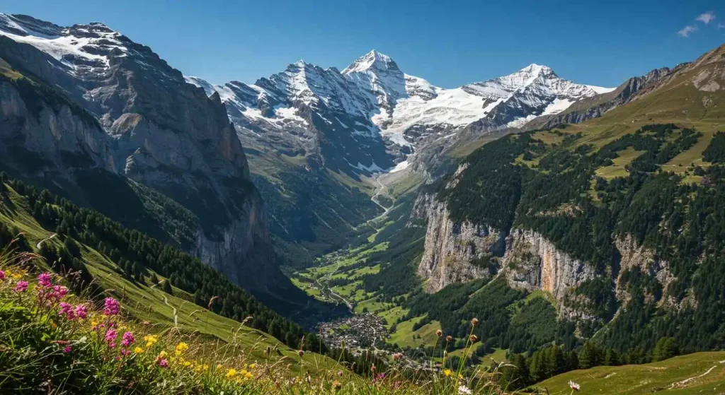 Stunning snow-capped peaks and alpine meadows in the Swiss Alps, a top European travel destination for nature lovers.