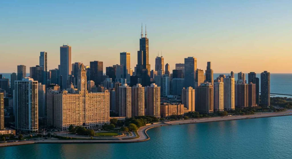 Chicago skyline showcasing architectural landmarks like the Willis Tower and Millennium Park, emphasizing the city's status as one of the top U.S. cities to visit in 2025