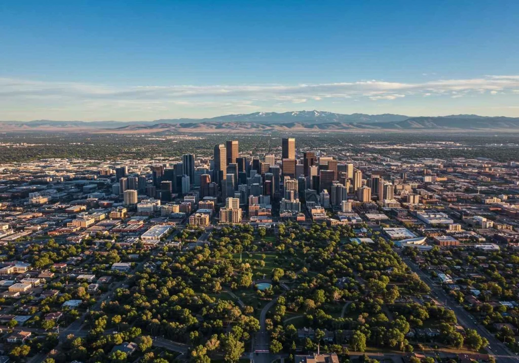 Denver’s skyline with the Rocky Mountains in the background, showcasing why it’s one of the top U.S. cities to visit in 2025