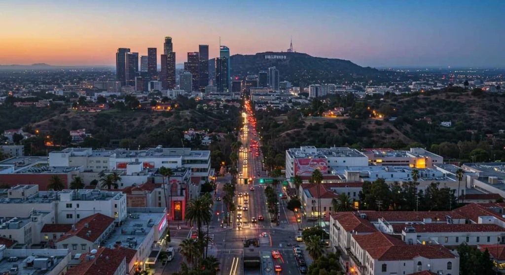 Los Angeles skyline featuring iconic landmarks like the Hollywood Sign and Griffith Observatory, highlighting one of the top U.S. cities to visit in 2025