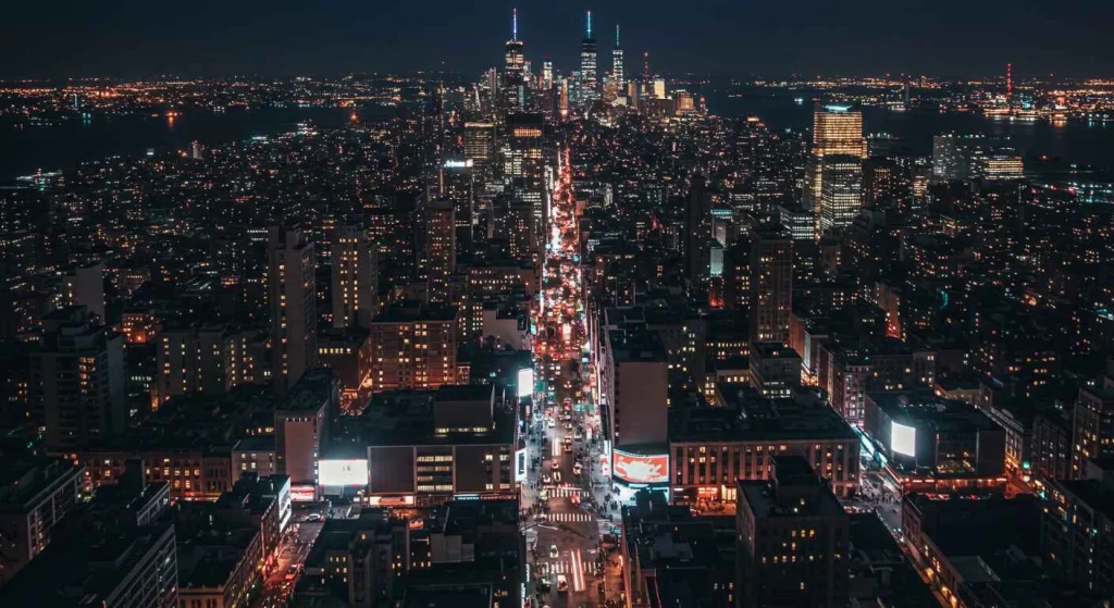 New York City skyline with iconic landmarks like the Statue of Liberty and Empire State Building, capturing the energy and vibrancy of the city that never sleeps