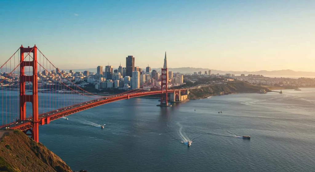 San Francisco skyline featuring the Golden Gate Bridge and iconic landmarks, representing one of the top U.S. cities to visit in 2025