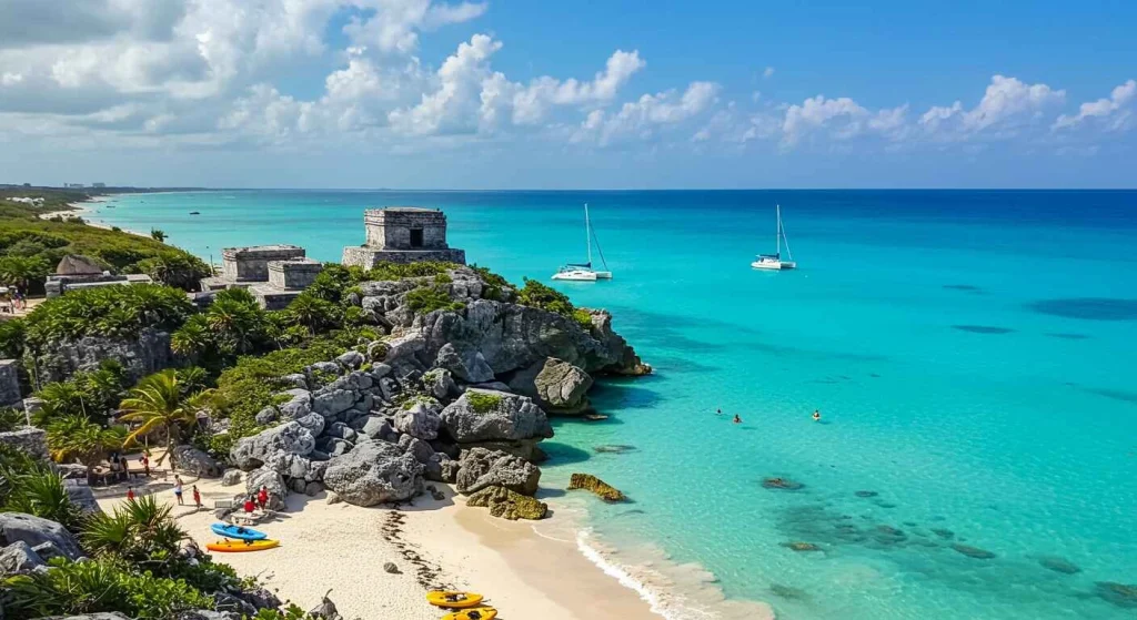 Stunning view of Tulum’s coastline, featuring ancient Mayan ruins overlooking turquoise waters and pristine white sand beaches, blending culture and natural beauty in Mexico’s paradise