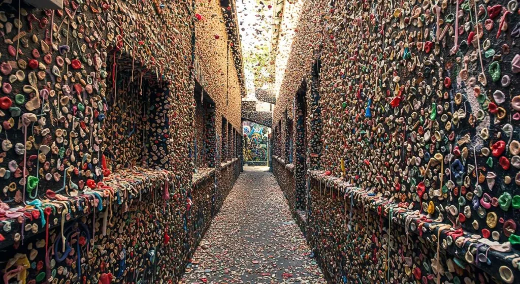 Bubblegum Alley, a must-visit attraction in San Luis Obispo, covered in colorful chewing gum