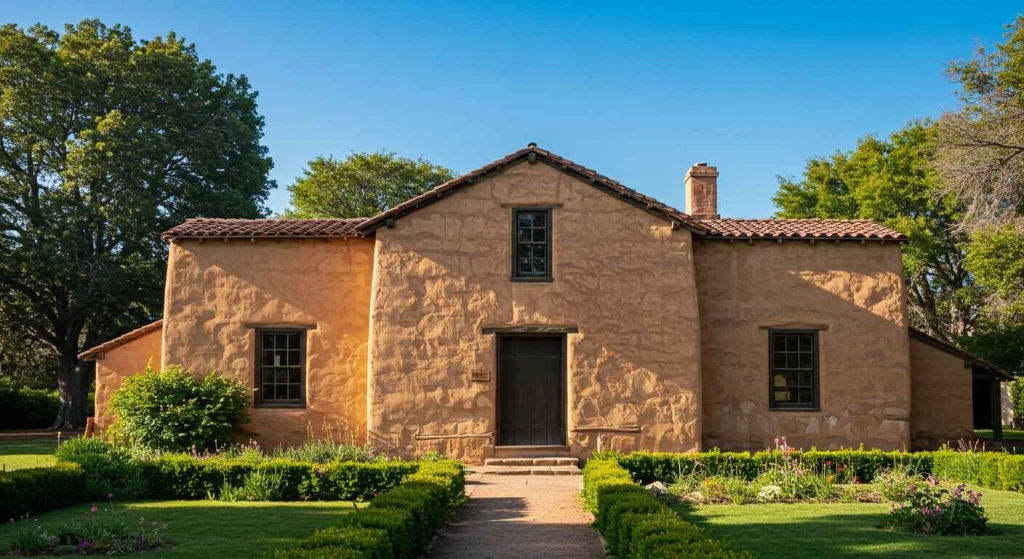 Dallidet Adobe in San Luis Obispo, a historic landmark surrounded by lush gardens