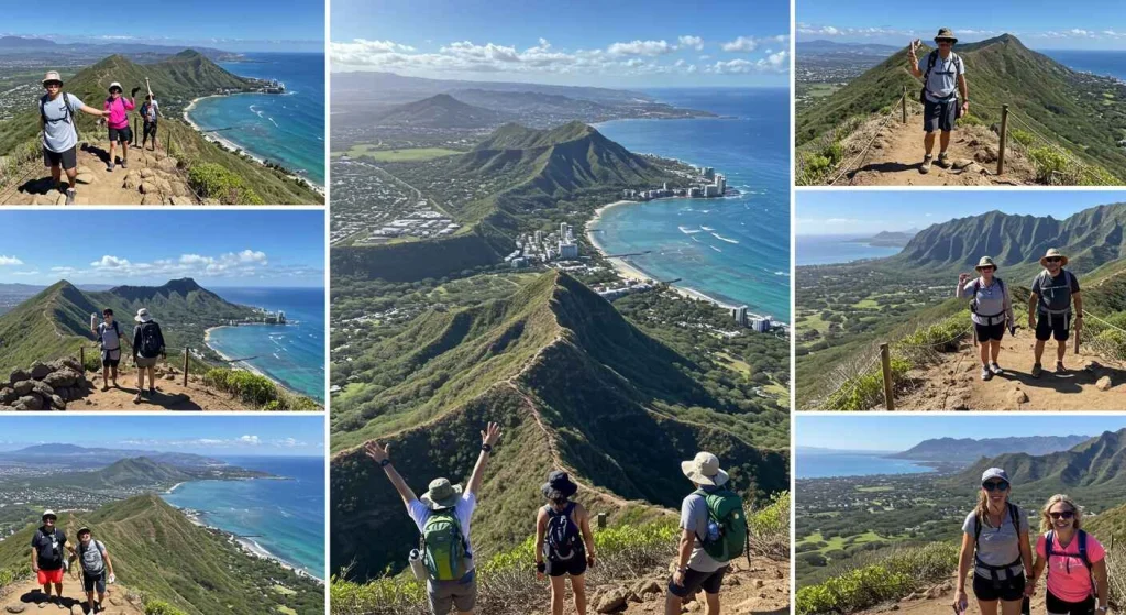 Adventure seekers hiking the Diamond Head trail, enjoying scenic views and exploring the iconic Oahu landmark