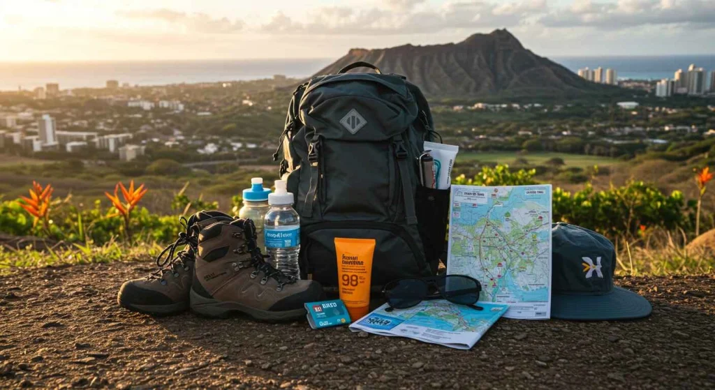 Essentials for hiking Diamond Head, including water, sunscreen, and comfortable gear for a safe and enjoyable adventure