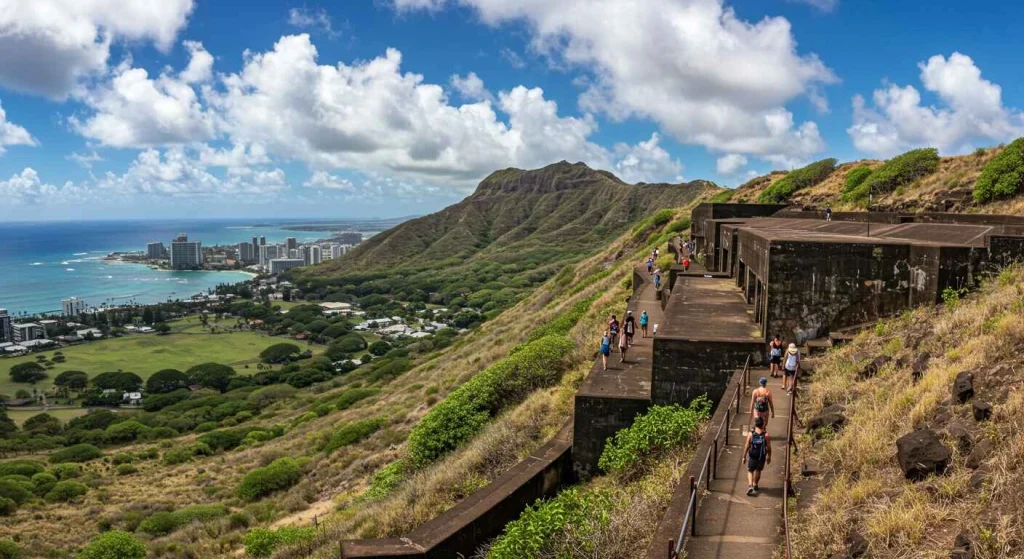 Historical Diamond Head military base bunker along the hiking trail, offering a glimpse into Hawaii’s World War II history