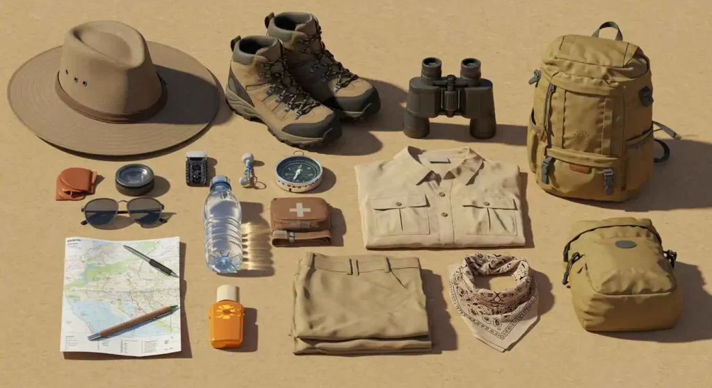 An organized packing list for a desert tour, including essentials like sunscreen, water bottle, lightweight clothing, and a hat for a Sahara Desert adventure