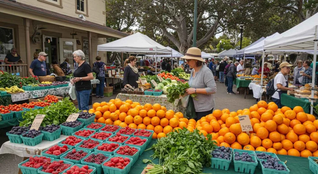 Farmers Market in San Luis Obispo, featuring fresh produce, local vendors, and a lively atmosphere