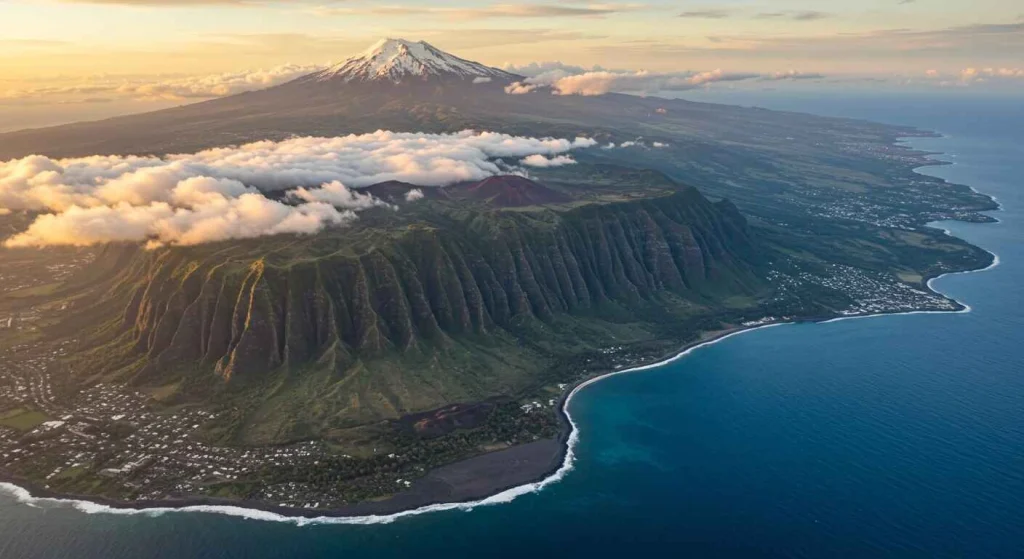 A stunning view of Hawai'i Island’s volcanic landscape, showcasing lush greenery and dramatic lava fields—one of the best islands to visit in Hawaii for nature lovers and adventure seekers