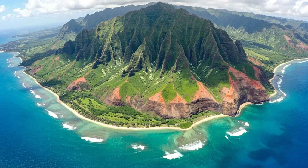 A breathtaking aerial view of Kauai’s Na Pali Coast, showcasing lush green cliffs, waterfalls, and pristine beaches