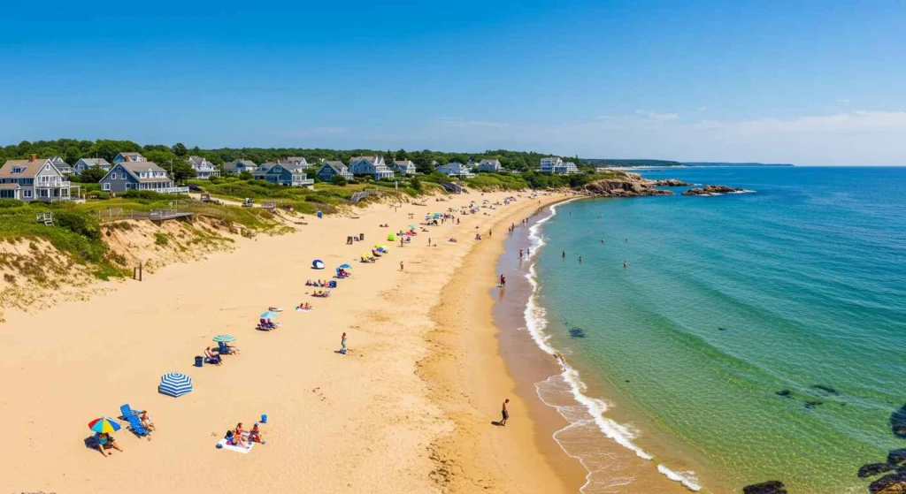 Scenic view of Colony Beach in Kennebunkport, Maine, with rocky shores and ocean waves