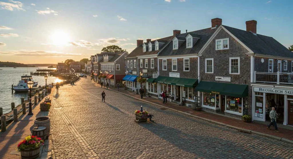 Charming Dock Square in Kennebunkport, Maine, with boutique shops, art galleries, and restaurants