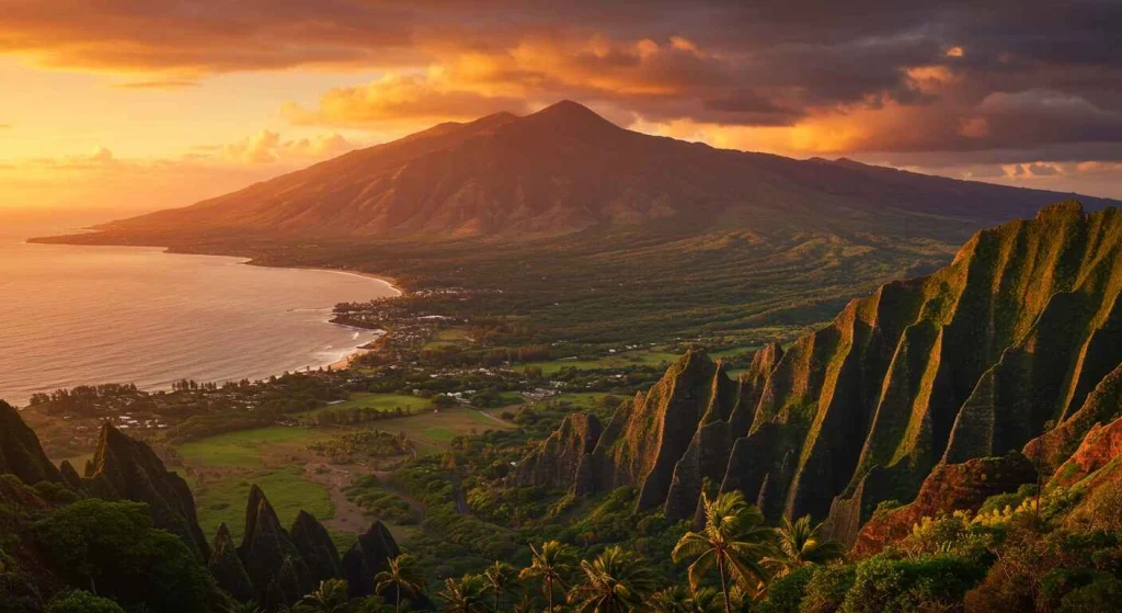 A breathtaking view of Maui’s scenic coastline, with golden beaches, lush valleys, and the iconic Road to Hana