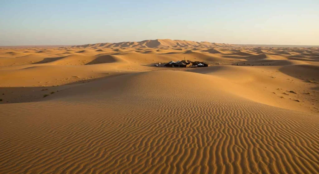 Stunning desert landscape of Merzouga, Morocco, showcasing golden sand dunes and a peaceful atmosphere