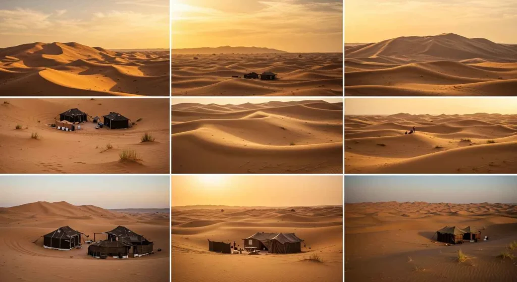 Vast desert dunes of M'hamid, Morocco, with a serene sunset and traditional Berber tents