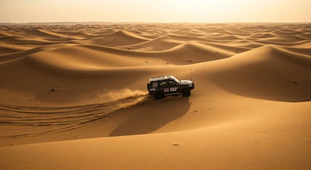 An exciting 4x4 adventure through the vast Sahara Desert in Morocco, with rugged terrain and endless sand dunes