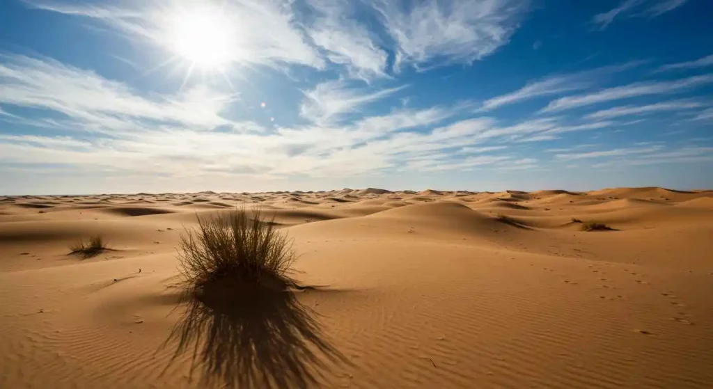 Clear blue skies and a warm sun over the vast Sahara Desert in Morocco, showcasing the desert's typical dry and sunny weather