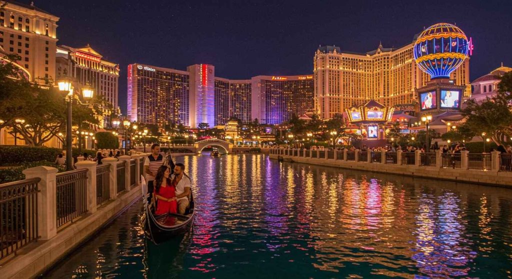 A couple enjoying a romantic gondola ride at The Venetian in Las Vegas