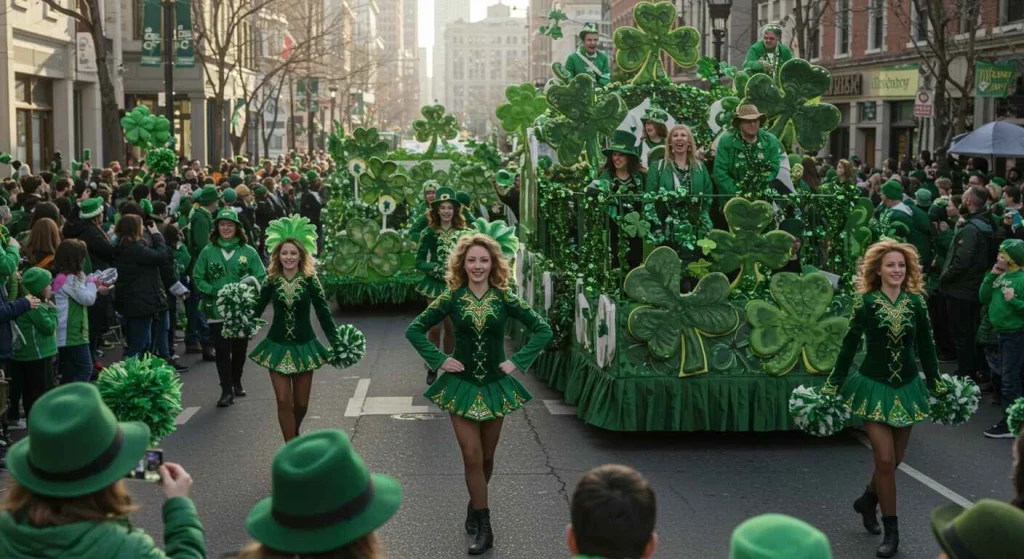 St. Patrick's Day Parade in New York City with festive crowds and floats