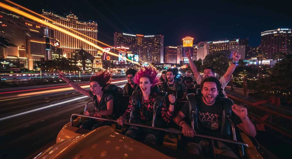 A couple having fun at a quirky Las Vegas attraction, surrounded by vibrant neon lights