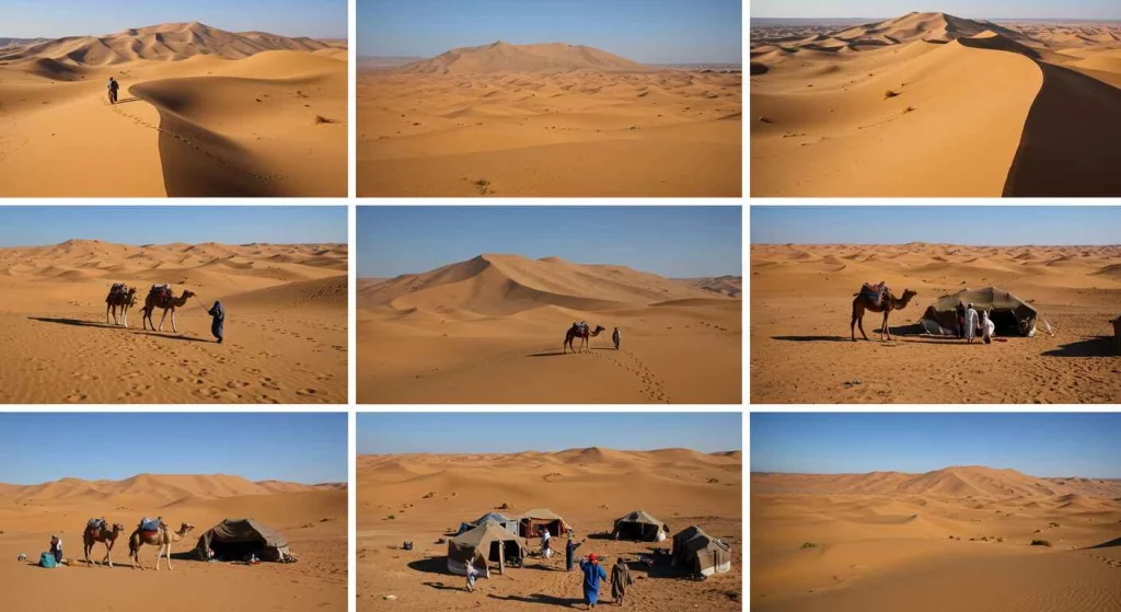 Majestic view of the Zagora Desert in Morocco, with rolling dunes and camel caravans under a vibrant sunset sky