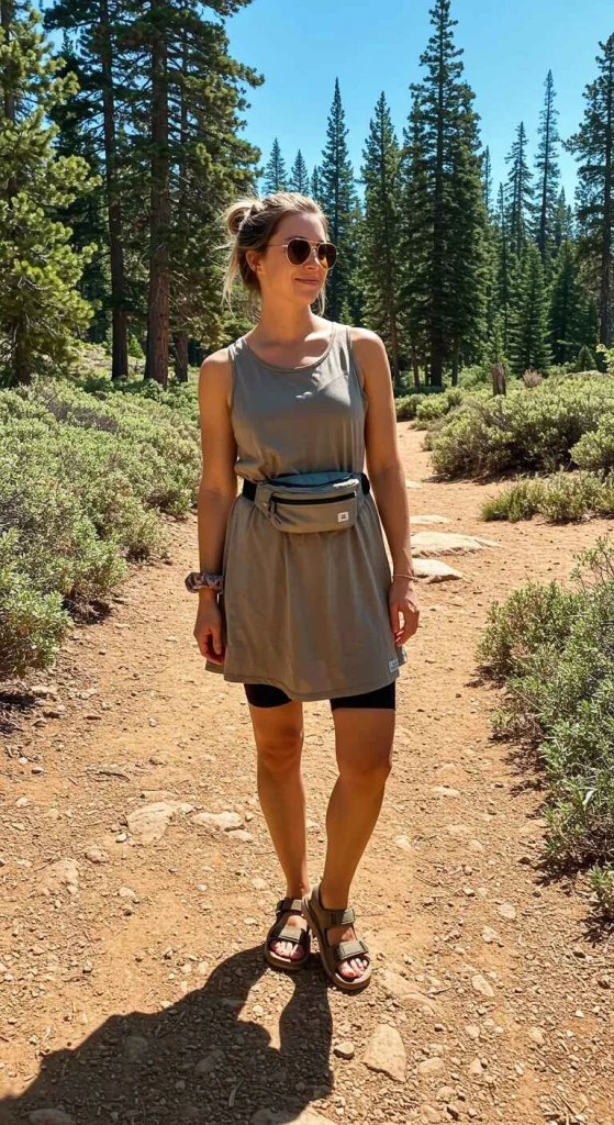Hiking clothes for ladies: Flowy hiking dress over bike shorts, sporty sandals or hiking sneakers, a hip bag or waist pouch, oversized sunglasses, and a scrunchie, set in a stylish outdoor scene