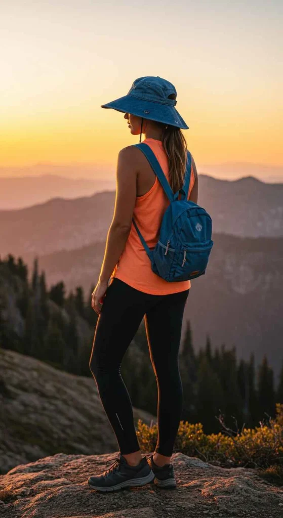 Hiking clothes for ladies: Peach-colored quick-dry tank top, black leggings, denim-style sun hat, and a mini hiking backpack against a mountain sunset backdrop
