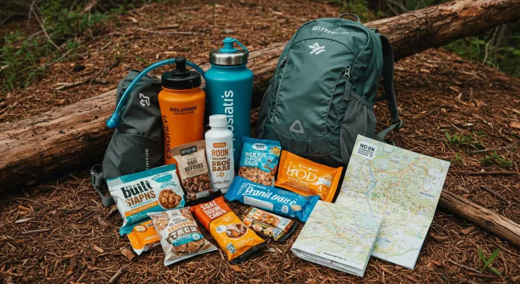 Essential hiking gear for a day hike: Hydration pack or water bottle, trail snacks or protein bars, sunscreen and bug spray, lightweight backpack, first aid kit, and a map or downloaded GPS, laid out for easy access